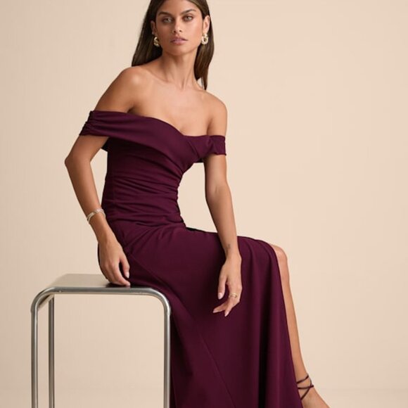 Lulus High-class Presence Plum Off-the-shoulder Maxi Dress Purple - Size XS - Picture 1 of 1